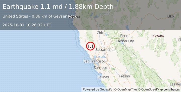 Earthquake 3 km W of Cobb, CA (1.1 md) (2025-10-31 10:26:32 UTC)
