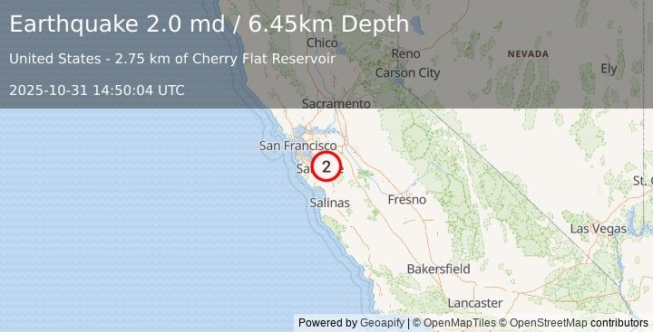 Earthquake 8 km E of Alum Rock, CA (2.0 md) (2025-10-31 14:50:04 UTC)