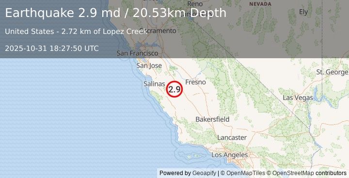 Earthquake 9 km NW of New Idria, CA (2.9 md) (2025-10-31 18:27:50 UTC)