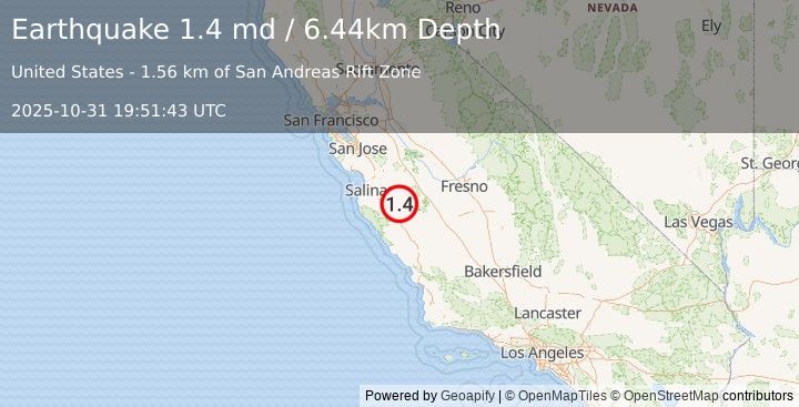 Earthquake 11 km SE of Pinnacles, CA (1.4 md) (2025-10-31 19:51:43 UTC)