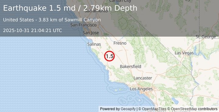Earthquake 13 km NW of Parkfield, CA (1.5 md) (2025-10-31 21:04:21 UTC)