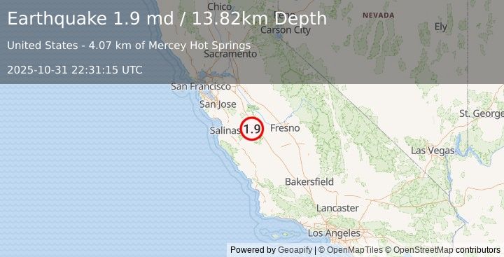 Earthquake 31 km SSW of South Dos Palos, CA (1.9 md) (2025-10-31 22:31:15 UTC)