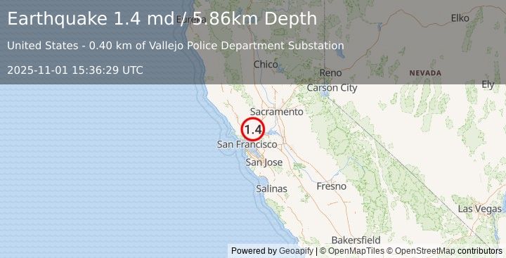 Earthquake 4 km SE of American Canyon, CA (1.4 md) (2025-11-01 15:36:29 UTC)