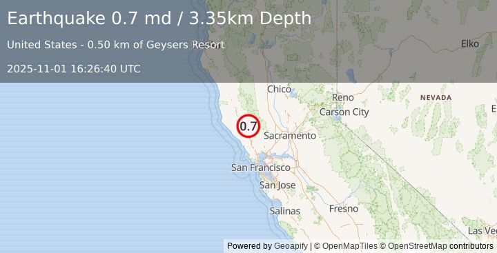 Earthquake 5 km WNW of The Geysers, CA (0.7 md) (2025-11-01 16:26:40 UTC)