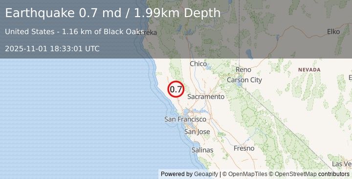 Earthquake 9 km NW of The Geysers, CA (0.7 md) (2025-11-01 18:33:01 UTC)