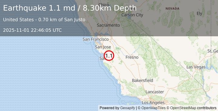 Earthquake 5 km WSW of Hollister, CA (1.1 md) (2025-11-01 22:46:05 UTC)