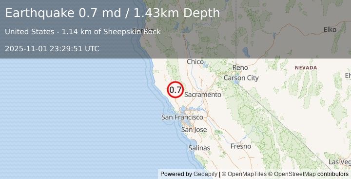 Earthquake 4 km SE of The Geysers, CA (0.7 md) (2025-11-01 23:29:51 UTC)