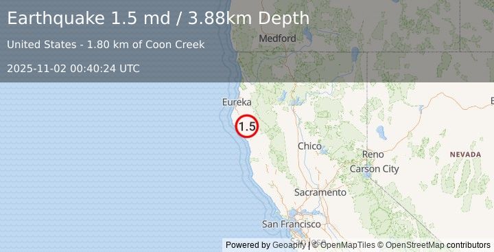 Earthquake 10 km N of Redway, CA (1.5 md) (2025-11-02 00:40:24 UTC)
