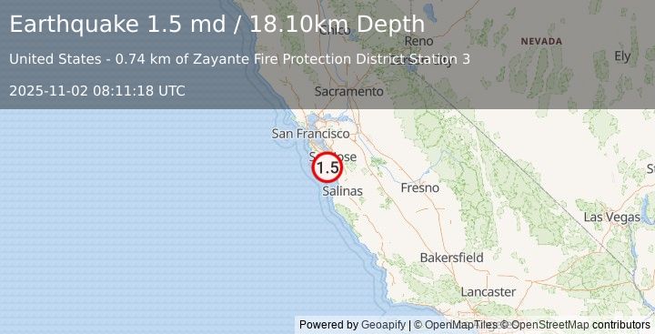 Earthquake 4 km NE of Lompico, CA (1.5 md) (2025-11-02 08:11:18 UTC)