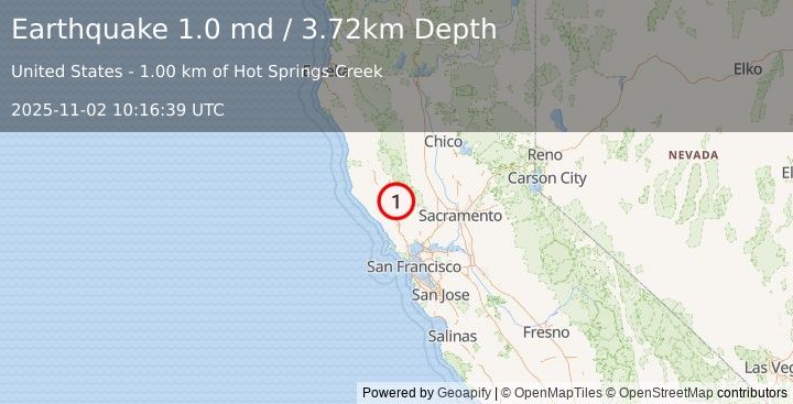 Earthquake 2 km NW of The Geysers, CA (1.0 md) (2025-11-02 10:16:39 UTC)