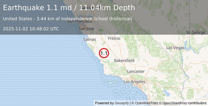 Earthquake 13 km WSW of Parkfield, CA (1.1 md) (2025-11-02 10:48:02 UTC)