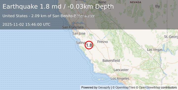 Earthquake 14 km ESE of Pinnacles, CA (1.8 md) (2025-11-02 15:46:00 UTC)