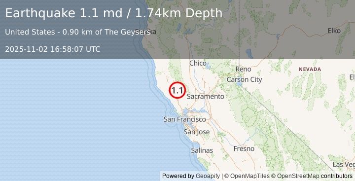 Earthquake 1 km E of The Geysers, CA (1.1 md) (2025-11-02 16:58:07 UTC)