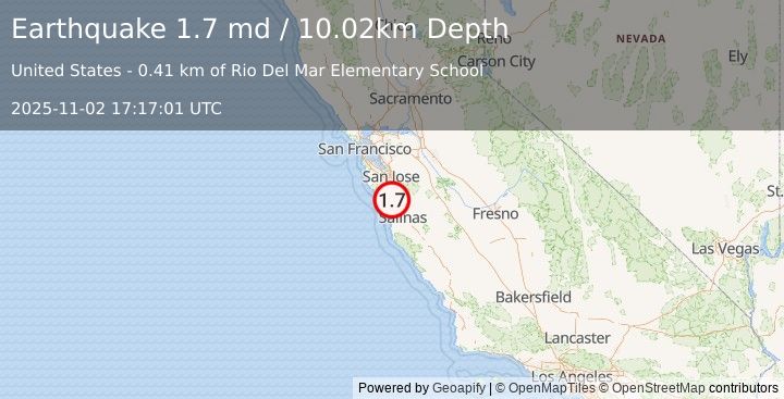 Earthquake 1 km ESE of Rio del Mar, CA (1.7 md) (2025-11-02 17:17:01 UTC)