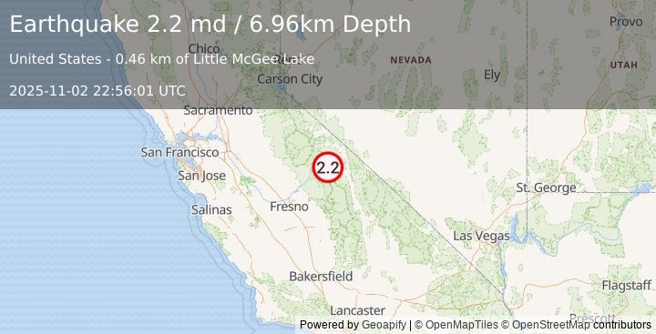 Earthquake 17 km WSW of Toms Place, CA (2.2 md) (2025-11-02 22:56:01 UTC)