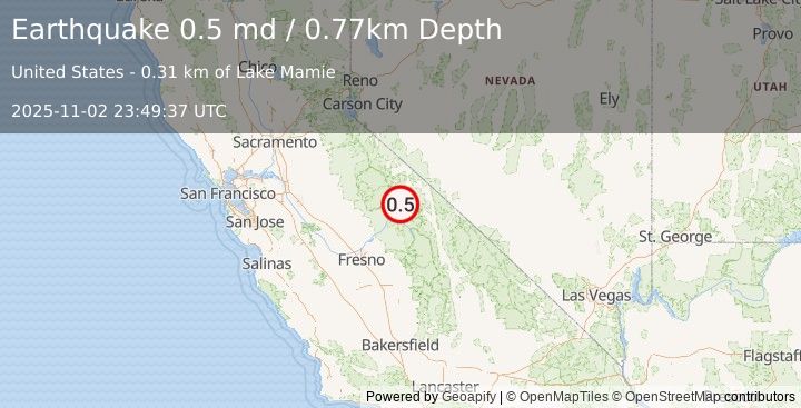 Earthquake 4 km SW of Mammoth Lakes, CA (0.5 md) (2025-11-02 23:49:37 UTC)