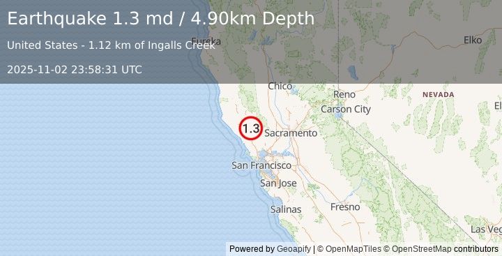 Earthquake 9 km S of The Geysers, CA (1.3 md) (2025-11-02 23:58:31 UTC)