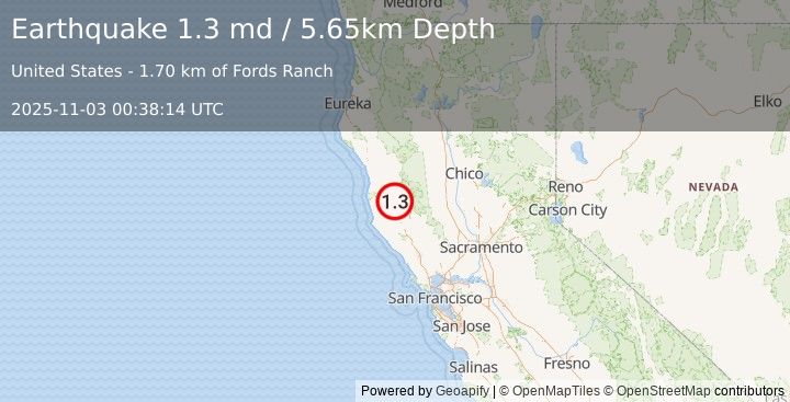 Earthquake 4 km NNW of Redwood Valley, CA (1.3 md) (2025-11-03 00:38:14 UTC)
