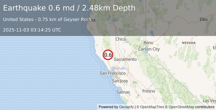 Earthquake 4 km W of Cobb, CA (0.6 md) (2025-11-03 03:14:25 UTC)