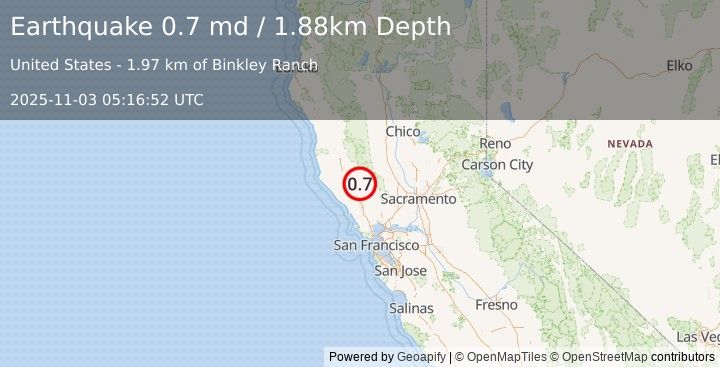Earthquake 5 km WNW of Cobb, CA (0.7 md) (2025-11-03 05:16:52 UTC)