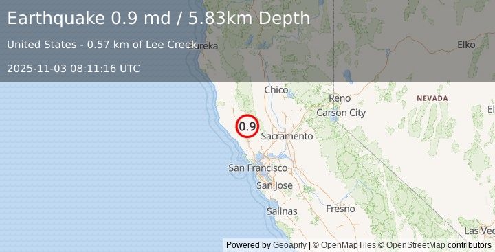 Earthquake 3 km W of Cobb, CA (0.9 md) (2025-11-03 08:11:16 UTC)