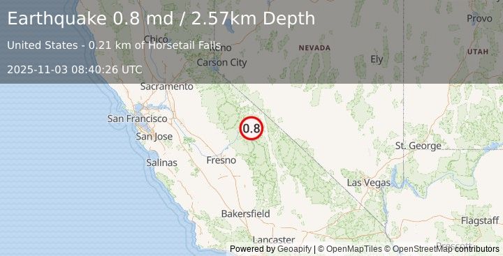 Earthquake 14 km W of Toms Place, CA (0.8 md) (2025-11-03 08:40:26 UTC)