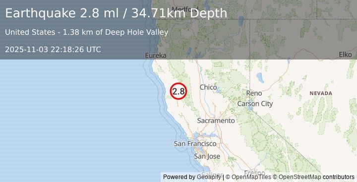 Earthquake 24 km SSE of Covelo, CA (2.8 ml) (2025-11-03 22:18:26 UTC)