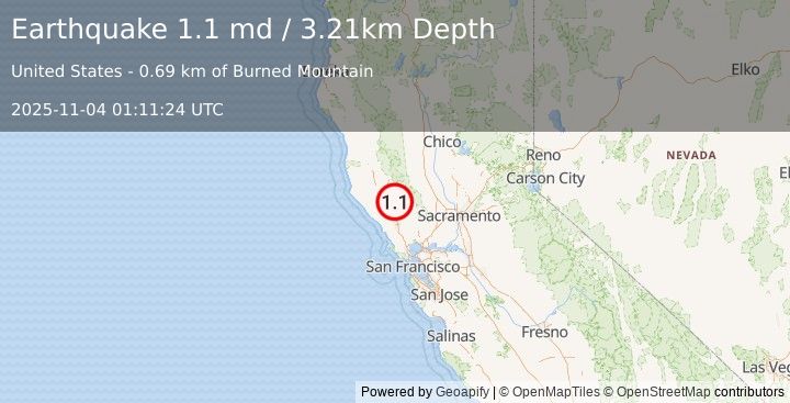 Earthquake 3 km NW of The Geysers, CA (1.1 md) (2025-11-04 01:11:24 UTC)