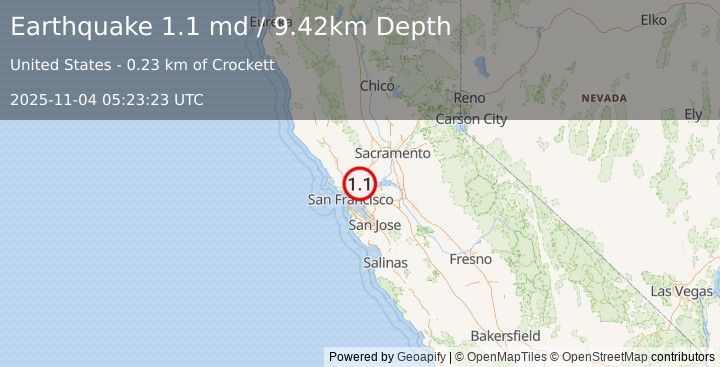Earthquake 0 km SW of Crockett, CA (1.1 md) (2025-11-04 05:23:23 UTC)