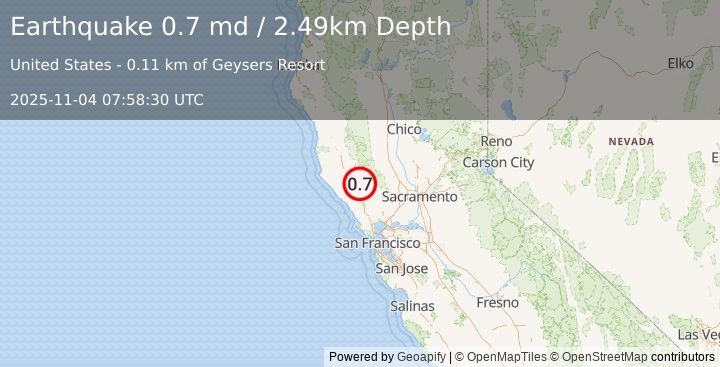 Earthquake 5 km WNW of The Geysers, CA (0.7 md) (2025-11-04 07:58:30 UTC)