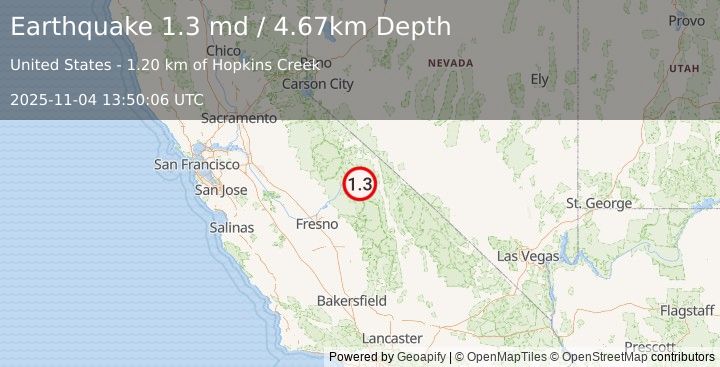 Earthquake 19 km SW of Toms Place, CA (1.3 md) (2025-11-04 13:50:06 UTC)