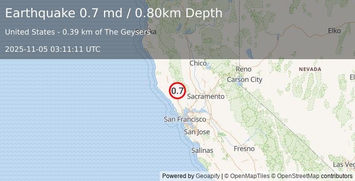 Earthquake 0 km N of The Geysers, CA (0.7 md) (2025-11-05 03:11:11 UTC)