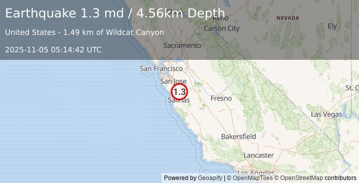 Earthquake 6 km SW of Gilroy, CA (1.3 md) (2025-11-05 05:14:42 UTC)