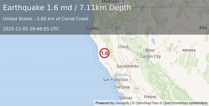 Earthquake 10 km NNW of Redwood Valley, CA (1.6 md) (2025-11-05 09:46:05 UTC)