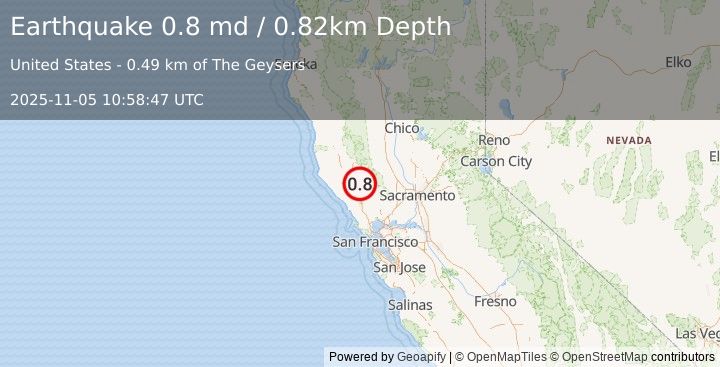 Earthquake 0 km NW of The Geysers, CA (0.8 md) (2025-11-05 10:58:47 UTC)