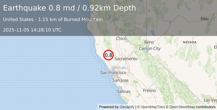 Earthquake 2 km NW of The Geysers, CA (0.8 md) (2025-11-05 14:28:10 UTC)