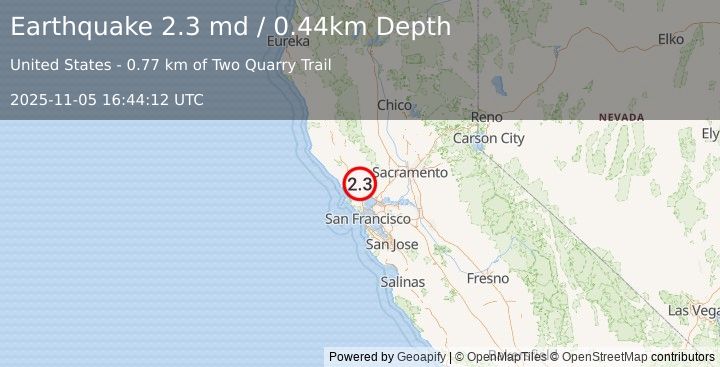 Earthquake 5 km SW of Kenwood, CA (2.3 md) (2025-11-05 16:44:12 UTC)