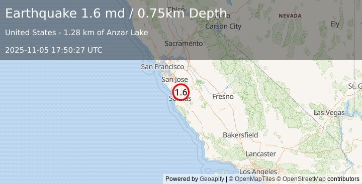 Earthquake 2 km E of Aromas, CA (1.6 md) (2025-11-05 17:50:27 UTC)