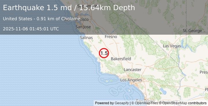 Earthquake 1 km WNW of Cholame, CA (1.5 md) (2025-11-06 01:45:01 UTC)