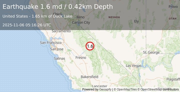 Earthquake 11 km S of Mammoth Lakes, CA (1.6 md) (2025-11-06 05:16:26 UTC)