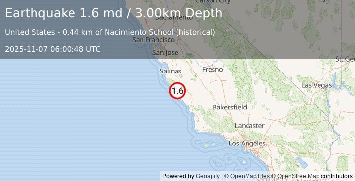 Earthquake 21 km ESE of Lopez Point, CA (1.6 md) (2025-11-07 06:00:48 UTC)