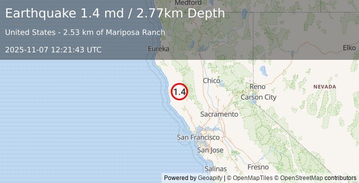 Earthquake 10 km NNW of Redwood Valley, CA (1.4 md) (2025-11-07 12:21:43 UTC)
