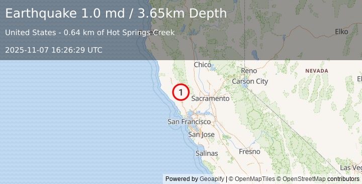 Earthquake 3 km NW of The Geysers, CA (1.0 md) (2025-11-07 16:26:29 UTC)