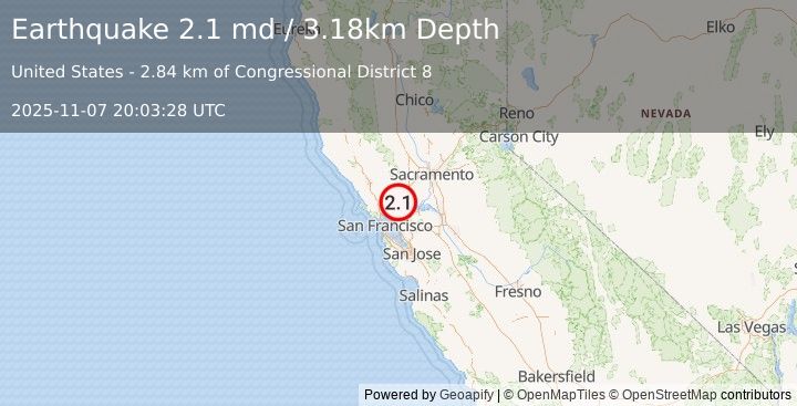 Earthquake 7 km ENE of Vallejo, CA (2.1 md) (2025-11-07 20:03:28 UTC)