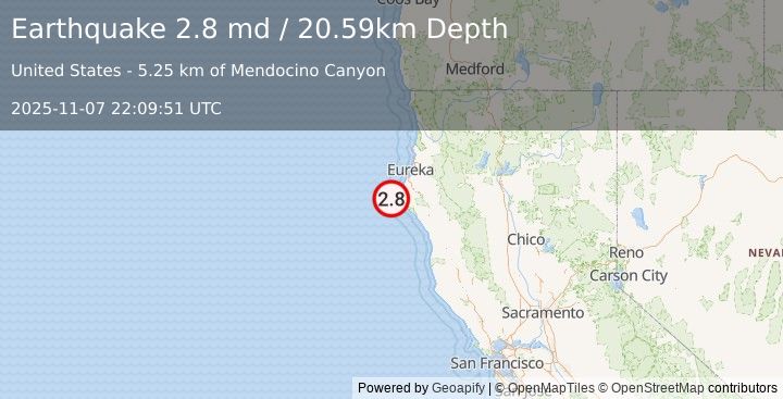 Earthquake 23 km W of Petrolia, CA (2.8 md) (2025-11-07 22:09:51 UTC)