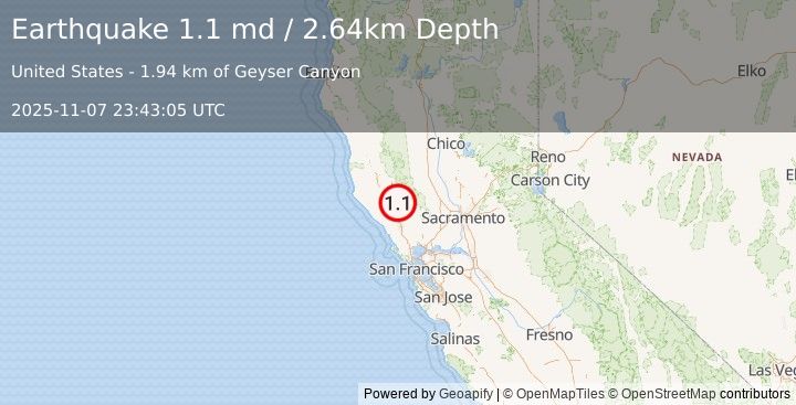 Earthquake 5 km NW of The Geysers, CA (1.1 md) (2025-11-07 23:43:05 UTC)
