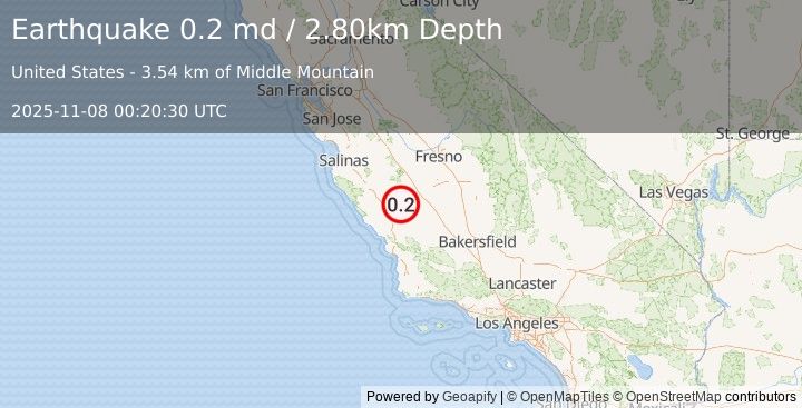 Earthquake 12 km NW of Parkfield, CA (0.2 md) (2025-11-08 00:20:30 UTC)
