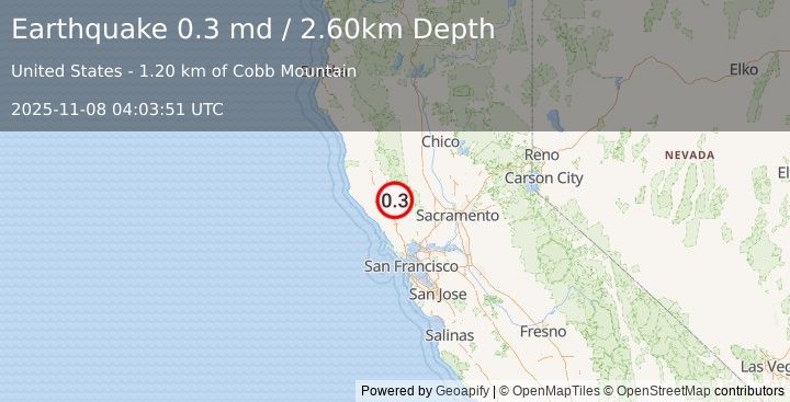 Earthquake 2 km NNE of The Geysers, CA (0.3 md) (2025-11-08 04:03:51 UTC)