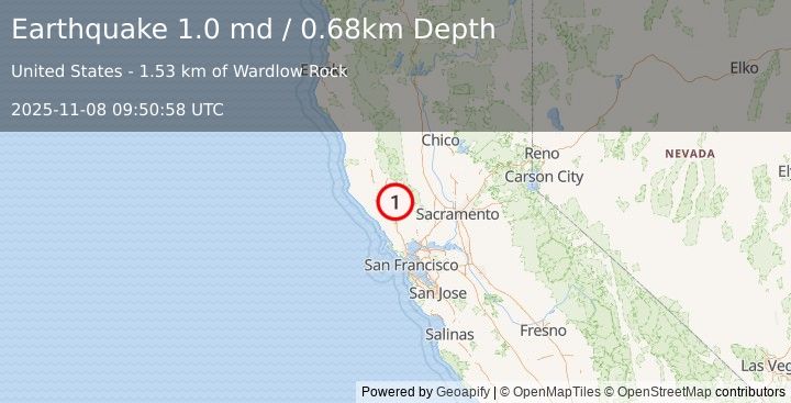 Earthquake 2 km ESE of The Geysers, CA (1.0 md) (2025-11-08 09:50:58 UTC)