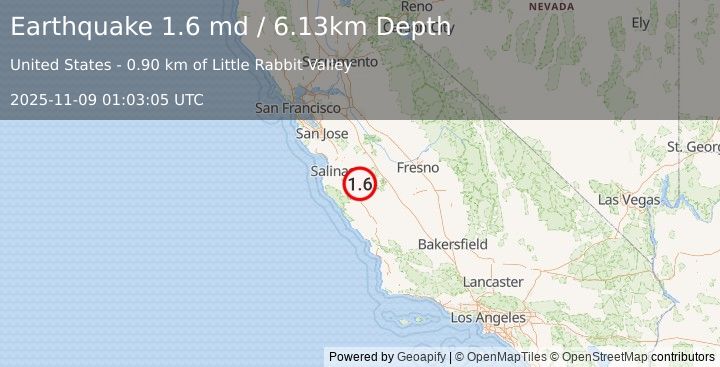 Earthquake 12 km SE of Pinnacles, CA (1.6 md) (2025-11-09 01:03:05 UTC)